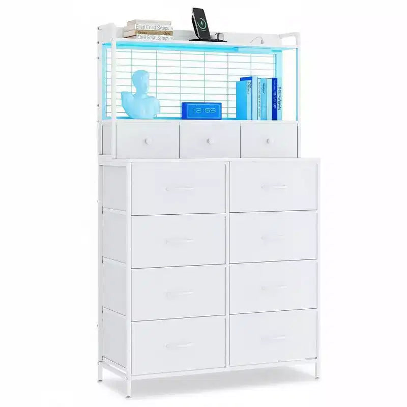 Commode intelligente Acekool, 11 tiroirs en tissu, station de charge avec 2 prises CA, 2 ports USB et tapis sans fil, lumières LED RVB contrôlées par application, anti-basculement, marron