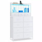Commode intelligente Acekool, 11 tiroirs en tissu, station de charge avec 2 prises CA, 2 ports USB et tapis sans fil, lumières LED RVB contrôlées par application, anti-basculement, marron