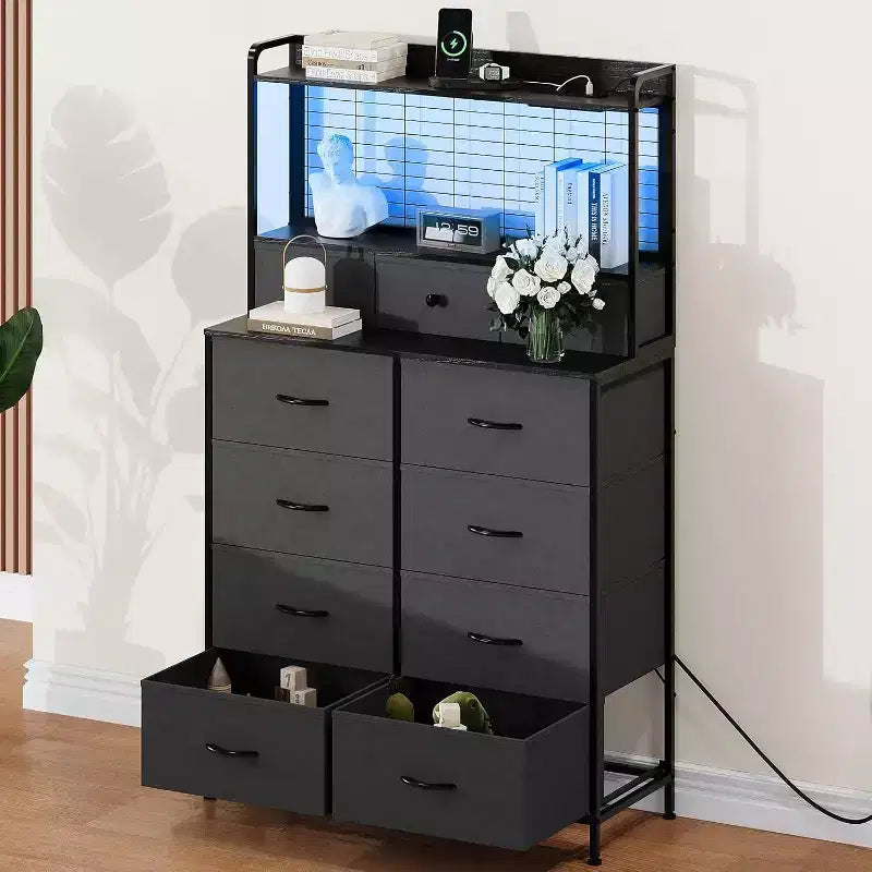Commode intelligente Acekool, 11 tiroirs en tissu, station de charge avec 2 prises CA, 2 ports USB et tapis sans fil, lumières LED RVB contrôlées par application, anti-basculement, marron