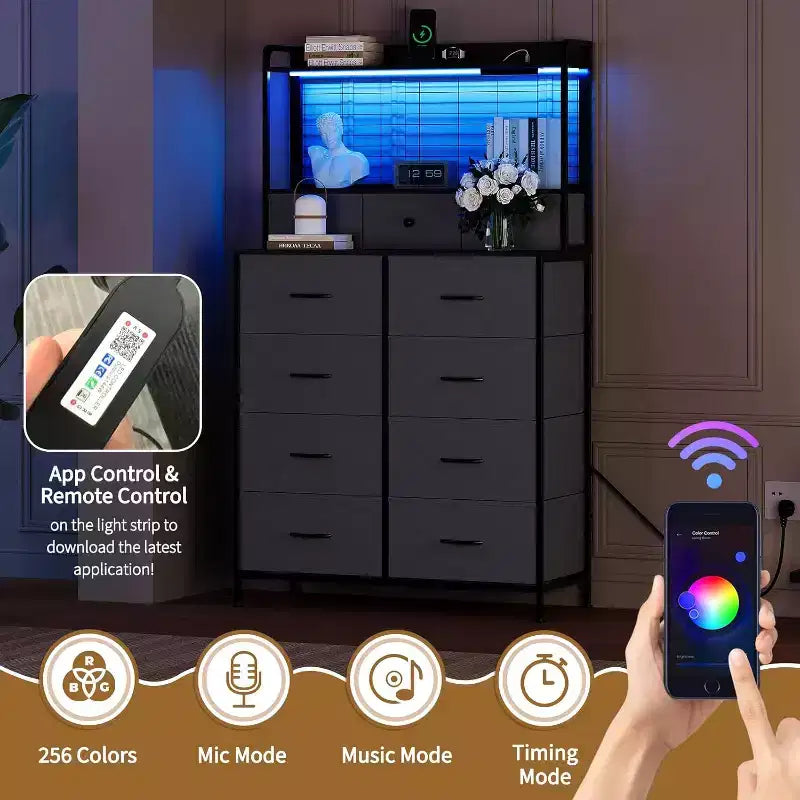Commode intelligente Acekool, 11 tiroirs en tissu, station de charge avec 2 prises CA, 2 ports USB et tapis sans fil, lumières LED RVB contrôlées par application, anti-basculement, marron