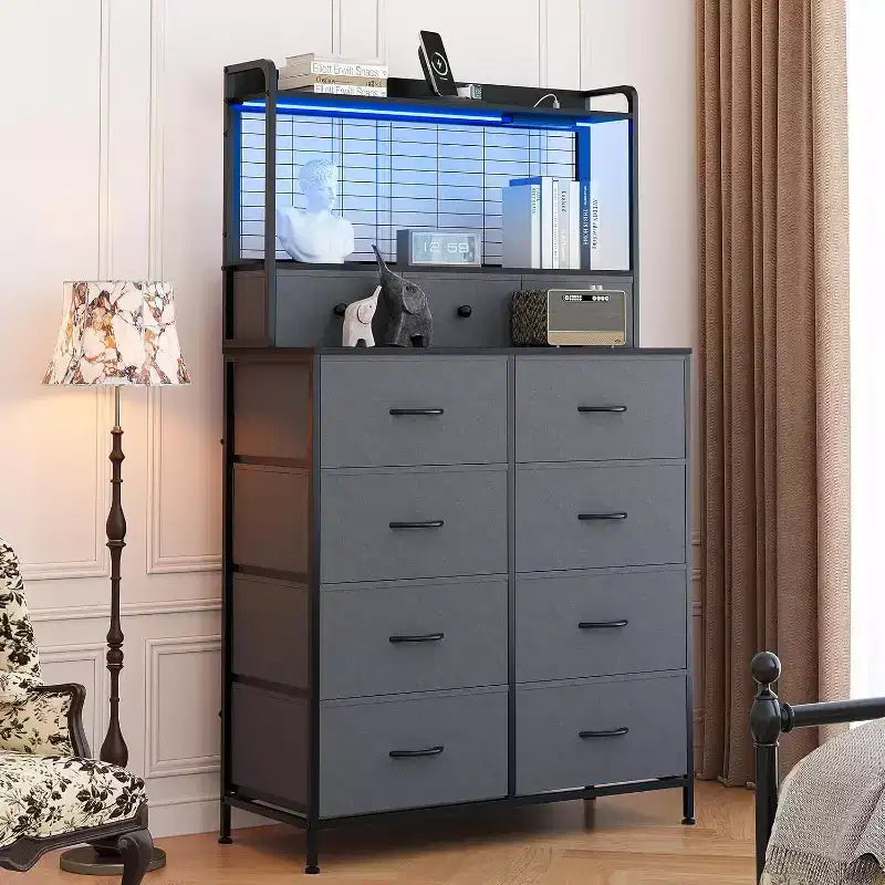 Commode intelligente Acekool, 11 tiroirs en tissu, station de charge avec 2 prises CA, 2 ports USB et tapis sans fil, lumières LED RVB contrôlées par application, anti-basculement, marron