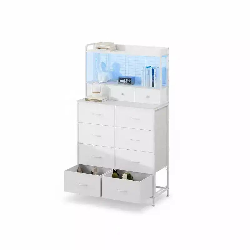 Commode intelligente Acekool, 11 tiroirs en tissu, station de charge avec 2 prises CA, 2 ports USB et tapis sans fil, lumières LED RVB contrôlées par application, anti-basculement, marron