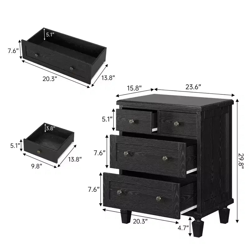 Commode Vintage en Bois à 4 Tiroirs avec Poignées Sculptées et Pieds Effilés, Grand Meuble de Rangement, Armoire de Rangement Rustique pour Chambre et Placard