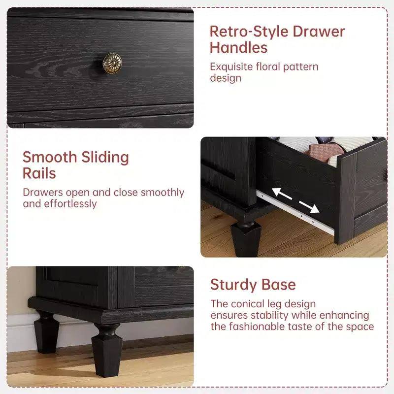 Commode Vintage en Bois à 4 Tiroirs avec Poignées Sculptées et Pieds Effilés, Grand Meuble de Rangement, Armoire de Rangement Rustique pour Chambre et Placard