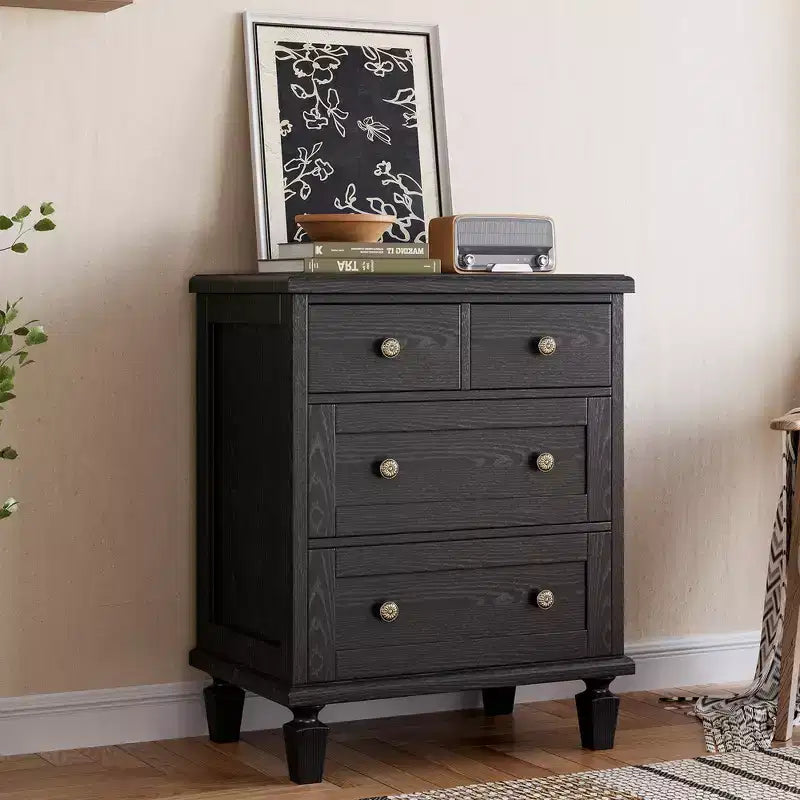 Vintage 4-Drawer Wood Dresser w/ Carved Handles & Tapered Legs, Large Storage Chest of Drawers, Rustic Organizer Cabinet for Bedroom & Closet