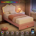 Lit simple avec cadre de rangement et lumières LED, cadre de lit plateforme capitonné en velours avec tête de lit pour enfants filles, support à lattes en bois