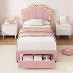 Lit simple avec cadre de rangement et lumières LED, cadre de lit plateforme capitonné en velours avec tête de lit pour enfants filles, support à lattes en bois