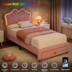 Lit simple avec cadre de rangement et lumières LED, cadre de lit plateforme capitonné en velours avec tête de lit pour enfants filles, support à lattes en bois