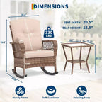Ensemble de 3 fauteuils à bascule de patio en osier à dossier haut avec table d'appoint, chaises d'extérieur en rotin toutes saisons avec coussins lavables, capacité de 150 kg