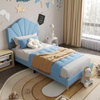 Cadre de lit plateforme rembourré doux en forme de coquille, taille double, avec tête de lit réglable, lattes en bois solides, cadre en métal robuste, silencieux, montage facile