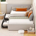 Lit de repos double avec 2 tiroirs de rangement, cadre de lit d'angle avec tête de lit et barrières de lit étendues, pour bureau à domicile