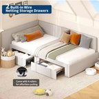 Lit de repos double avec 2 tiroirs de rangement, cadre de lit d'angle avec tête de lit et barrières de lit étendues, pour bureau à domicile