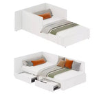Lit de repos double avec 2 tiroirs de rangement, cadre de lit d'angle avec tête de lit et barrières de lit étendues, pour bureau à domicile