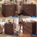 Lot de 2 tables de chevet cannelées modernes de 58 cm avec station de charge, tables de chevet incurvées en bois de style Mid-Century avec 2 tiroirs, tables d'appoint pour chambre à coucher et canapé