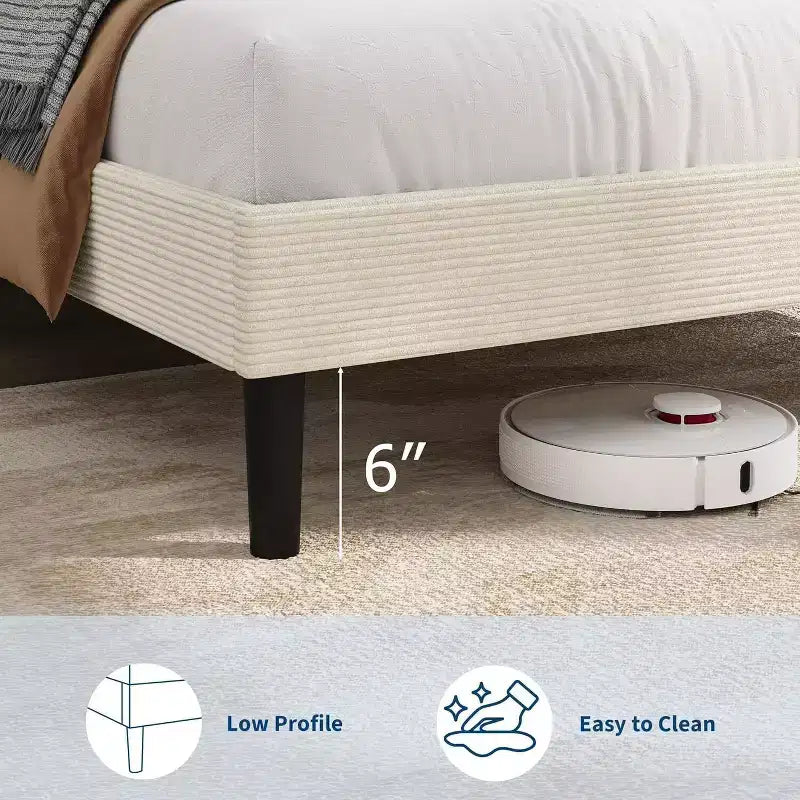 Cadre de lit plateforme rembourré en velours côtelé GustoWave avec tête de lit et station de recharge