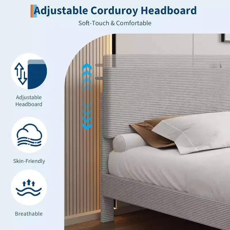 Cadre de lit plateforme rembourré en velours côtelé GustoWave avec tête de lit et station de recharge