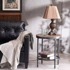 Table d'appoint en fer à double couche Triamine, ronde, motif grain de bois tridimensionnel sur fond marron avec motifs noirs