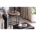 Table d'appoint en fer à double couche Triamine, ronde, motif grain de bois tridimensionnel sur fond marron avec motifs noirs