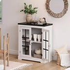 Buffet Bahut Contemporain avec Portes Vitrées et Prise Électrique, Armoire de Rangement pour Cuisine, Bar à Café et Salon, Petite ou Grande Taille