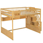 Lit mezzanine en bois Queen Size avec escalier et armoire, lit superposé haut avec espace sous le lit et étagères de rangement ouvertes pratiques pour enfants et adolescents