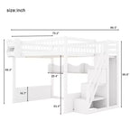 Lit mezzanine en bois Queen Size avec escalier et armoire, lit superposé haut avec espace sous le lit et étagères de rangement ouvertes pratiques pour enfants et adolescents