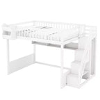 Lit mezzanine en bois Queen Size avec escalier et armoire, lit superposé haut avec espace sous le lit et étagères de rangement ouvertes pratiques pour enfants et adolescents