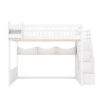 Lit mezzanine en bois Queen Size avec escalier et armoire, lit superposé haut avec espace sous le lit et étagères de rangement ouvertes pratiques pour enfants et adolescents