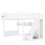 Lit mezzanine en bois Queen Size avec escalier et armoire, lit superposé haut avec espace sous le lit et étagères de rangement ouvertes pratiques pour enfants et adolescents