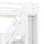 Lit mezzanine en bois Queen Size avec escalier et armoire, lit superposé haut avec espace sous le lit et étagères de rangement ouvertes pratiques pour enfants et adolescents