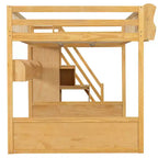 Lit mezzanine en bois Queen Size avec escalier et armoire, lit superposé haut avec espace sous le lit et étagères de rangement ouvertes pratiques pour enfants et adolescents