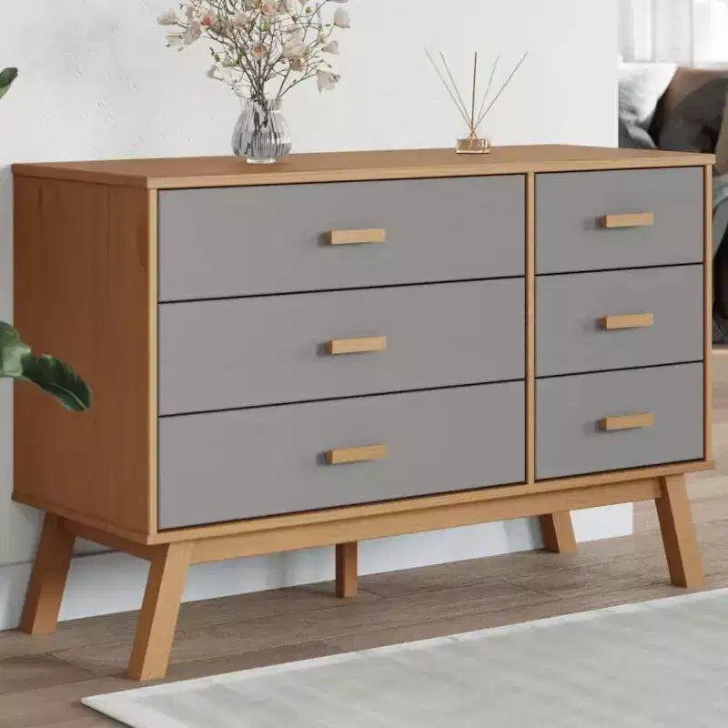 vidaXL Armoire à tiroirs Gris et marron Bois de pin massif, Bois d'ingénierie