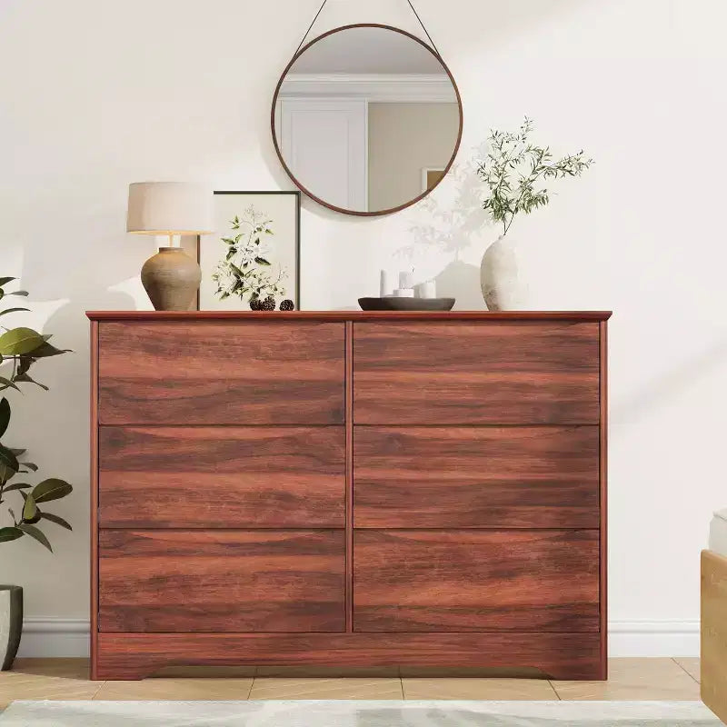 LinTimes Commode en bois moderne à 6 tiroirs - Armoire de rangement profonde avec plateau large - Commode de rangement spacieuse pour chambre à coucher, salon, couloir, chambre d'enfant