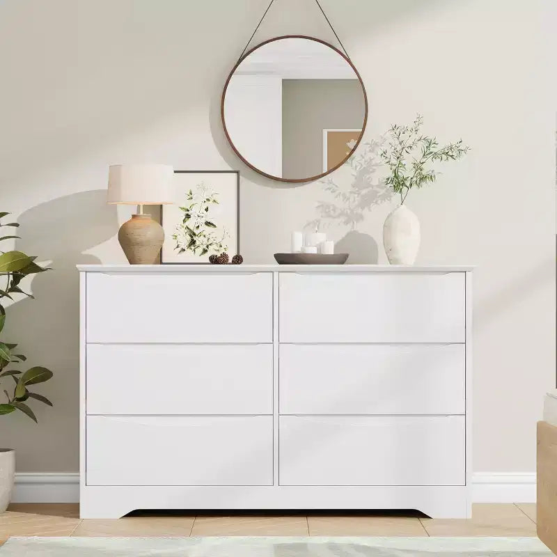 LinTimes Commode en bois moderne à 6 tiroirs - Armoire de rangement profonde avec plateau large - Commode de rangement spacieuse pour chambre à coucher, salon, couloir, chambre d'enfant