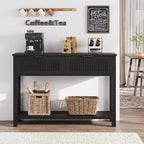 Table d'entrée cannelée étroite de 43 po avec 2 tiroirs, console de canapé en bois de style fermier avec étagère de rangement inférieure à 2 niveaux pour vestibule, couloir et salon