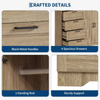 Armoire-penderie de 110 cm de haut avec 4 tiroirs et 2 portes, tringle à vêtements, commode en bois avec rangement