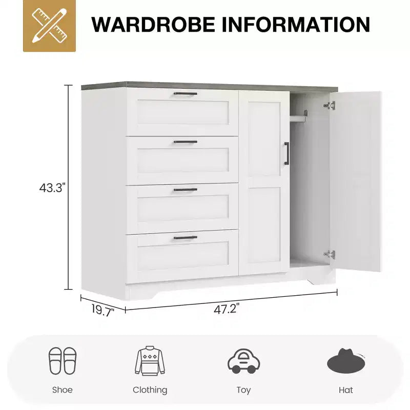 Armoire-penderie de 110 cm de haut avec 4 tiroirs et 2 portes, tringle à vêtements, commode en bois avec rangement