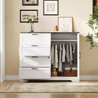 Armoire-penderie de 110 cm de haut avec 4 tiroirs et 2 portes, tringle à vêtements, commode en bois avec rangement