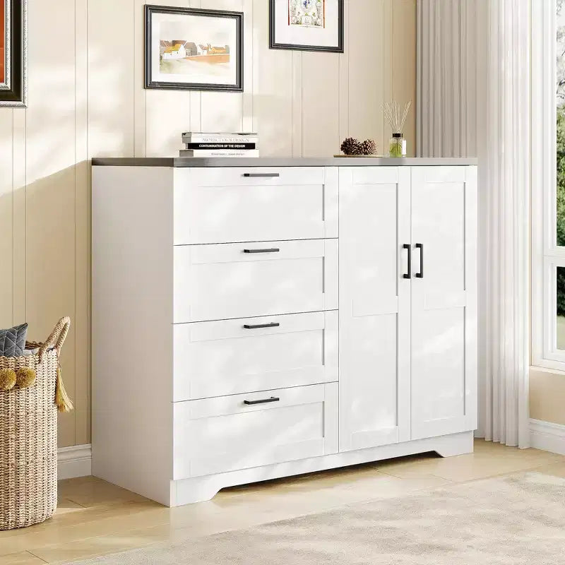 43.3'' H Armoire Wardrobe Closet with 4 Drawers and 2 Doors, Hanging Rod, Wooden Dresser with Storage Closet