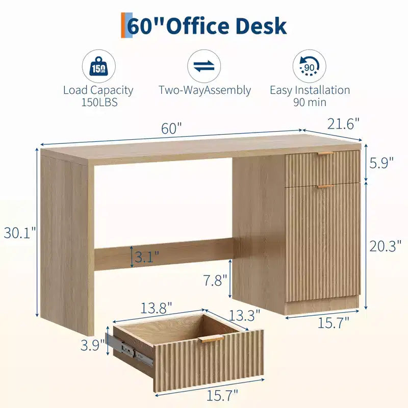 Bureau de direction moderne cannelé de 60 pouces avec tiroirs et meuble de rangement, bureau d'ordinateur en bois de chêne naturel pour la maison, table d'écriture pour l'étude et l'espace de travail