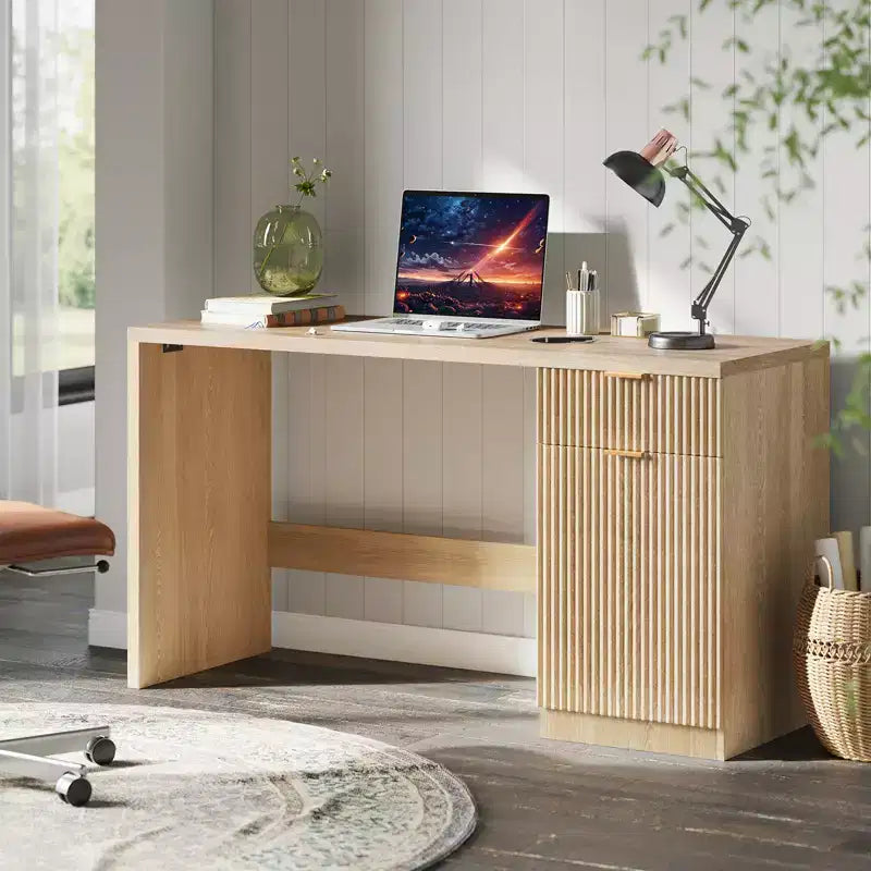 Bureau de direction moderne cannelé de 60 pouces avec tiroirs et meuble de rangement, bureau d'ordinateur en bois de chêne naturel pour la maison, table d'écriture pour l'étude et l'espace de travail