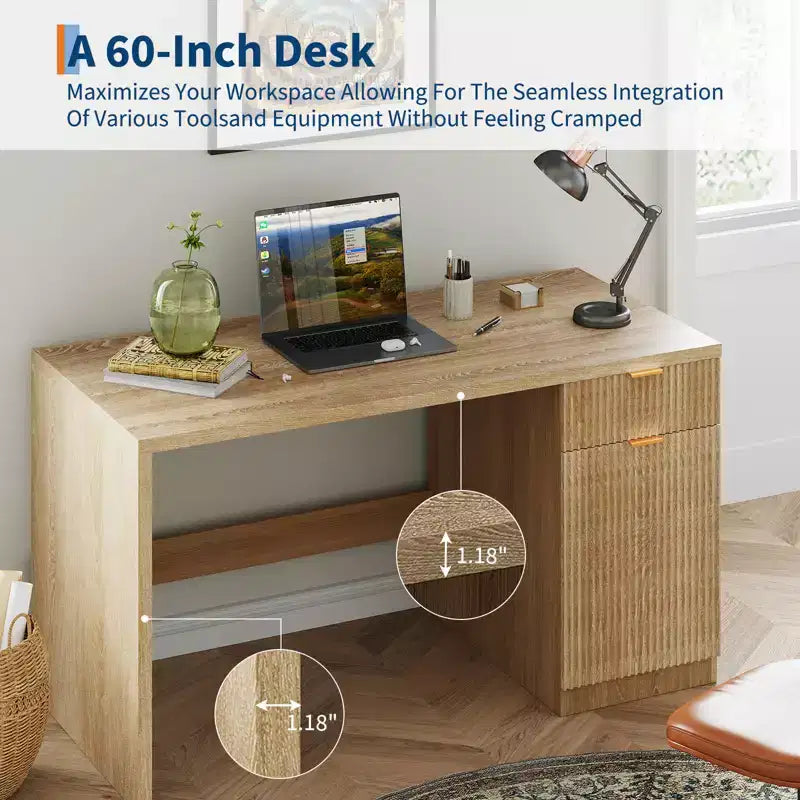 Bureau de direction moderne cannelé de 60 pouces avec tiroirs et meuble de rangement, bureau d'ordinateur en bois de chêne naturel pour la maison, table d'écriture pour l'étude et l'espace de travail