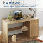 Bureau de direction moderne cannelé de 60 pouces avec tiroirs et meuble de rangement, bureau d'ordinateur en bois de chêne naturel pour la maison, table d'écriture pour l'étude et l'espace de travail