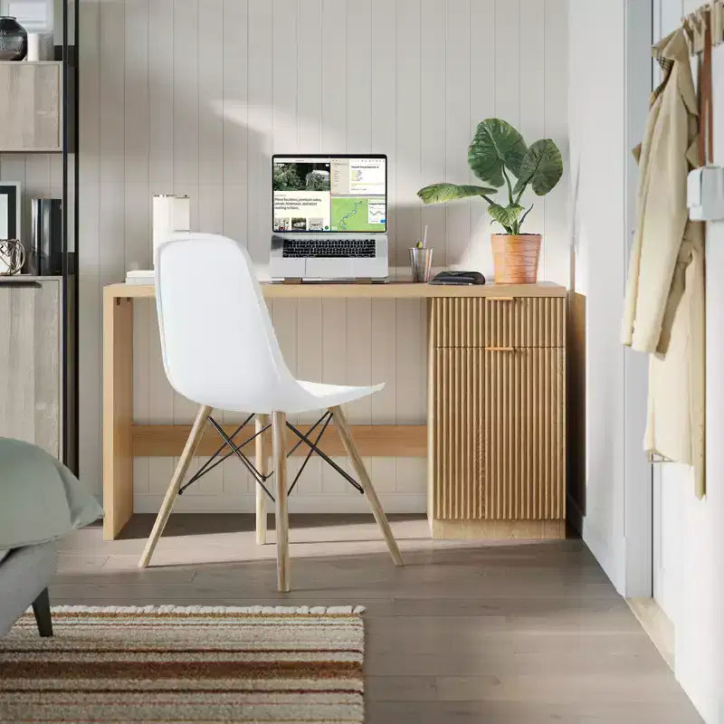 Bureau de direction moderne cannelé de 60 pouces avec tiroirs et meuble de rangement, bureau d'ordinateur en bois de chêne naturel pour la maison, table d'écriture pour l'étude et l'espace de travail