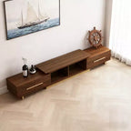 Meuble TV extensible JVNOXK63.4 de 94.5 pouces, console TV en noyer avec 4 tiroirs et 2 étagères ouvertes, meuble de divertissement, console multimédia pour salon