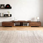 Meuble TV extensible JVNOXK63.4 de 94.5 pouces, console TV en noyer avec 4 tiroirs et 2 étagères ouvertes, meuble de divertissement, console multimédia pour salon