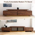 Meuble TV extensible JVNOXK63.4 de 94.5 pouces, console TV en noyer avec 4 tiroirs et 2 étagères ouvertes, meuble de divertissement, console multimédia pour salon
