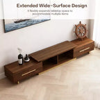 Meuble TV extensible JVNOXK63.4 de 94.5 pouces, console TV en noyer avec 4 tiroirs et 2 étagères ouvertes, meuble de divertissement, console multimédia pour salon