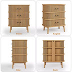 Commode à 3 tiroirs de style Mid-Century Modern avec porte coulissante en rotin naturel, armoire de rangement en bois avec pieds coniques pour chambre à coucher et salon