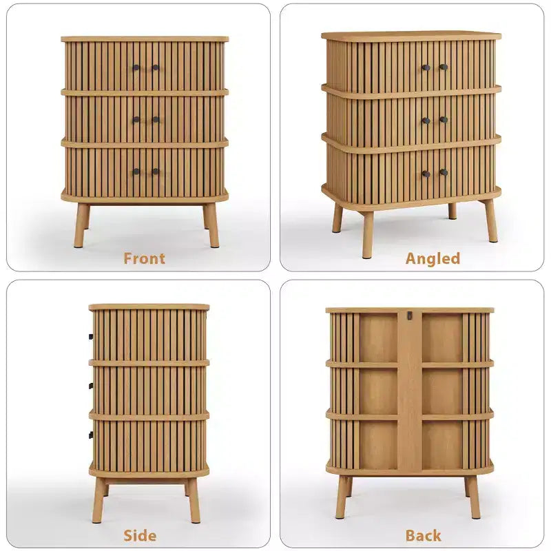 Commode à 3 tiroirs de style Mid-Century Modern avec porte coulissante en rotin naturel, armoire de rangement en bois avec pieds coniques pour chambre à coucher et salon