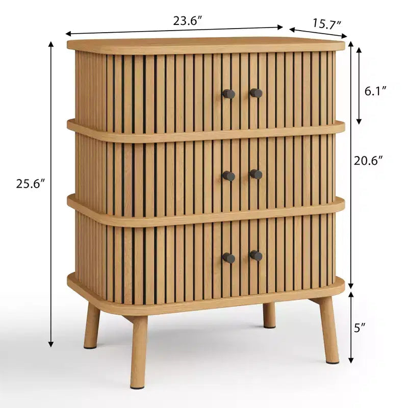 Commode à 3 tiroirs de style Mid-Century Modern avec porte coulissante en rotin naturel, armoire de rangement en bois avec pieds coniques pour chambre à coucher et salon